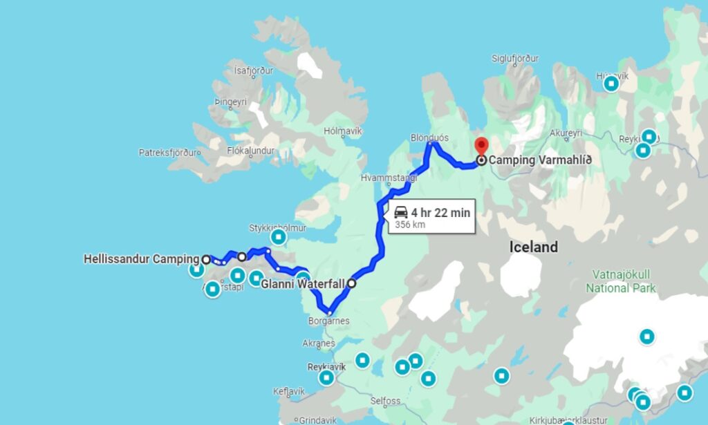 Mapa Dia 2 na estrada - Origem Península de Snaefellsness destino Varmahlíð